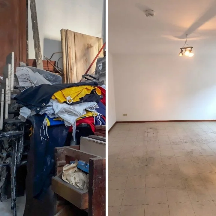 Linkes Bild zeigt einen überfüllten Raum mit Kleidung, Werkzeuge und Baumaterialien. Rechtes Bild zeigt einen leeren, sauberen Raum mit weißer Wand, Fliesenboden und Deckenleuchte einer Entrümpelung und Renovierung in München