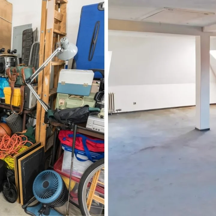 Der linke Teil des Bildes zeigt einen chaotischen Lagerraum, er rechte Teil zeigt einen leeren Raum mit weißen Wänden einer Entrümpelung und Renovierung in München