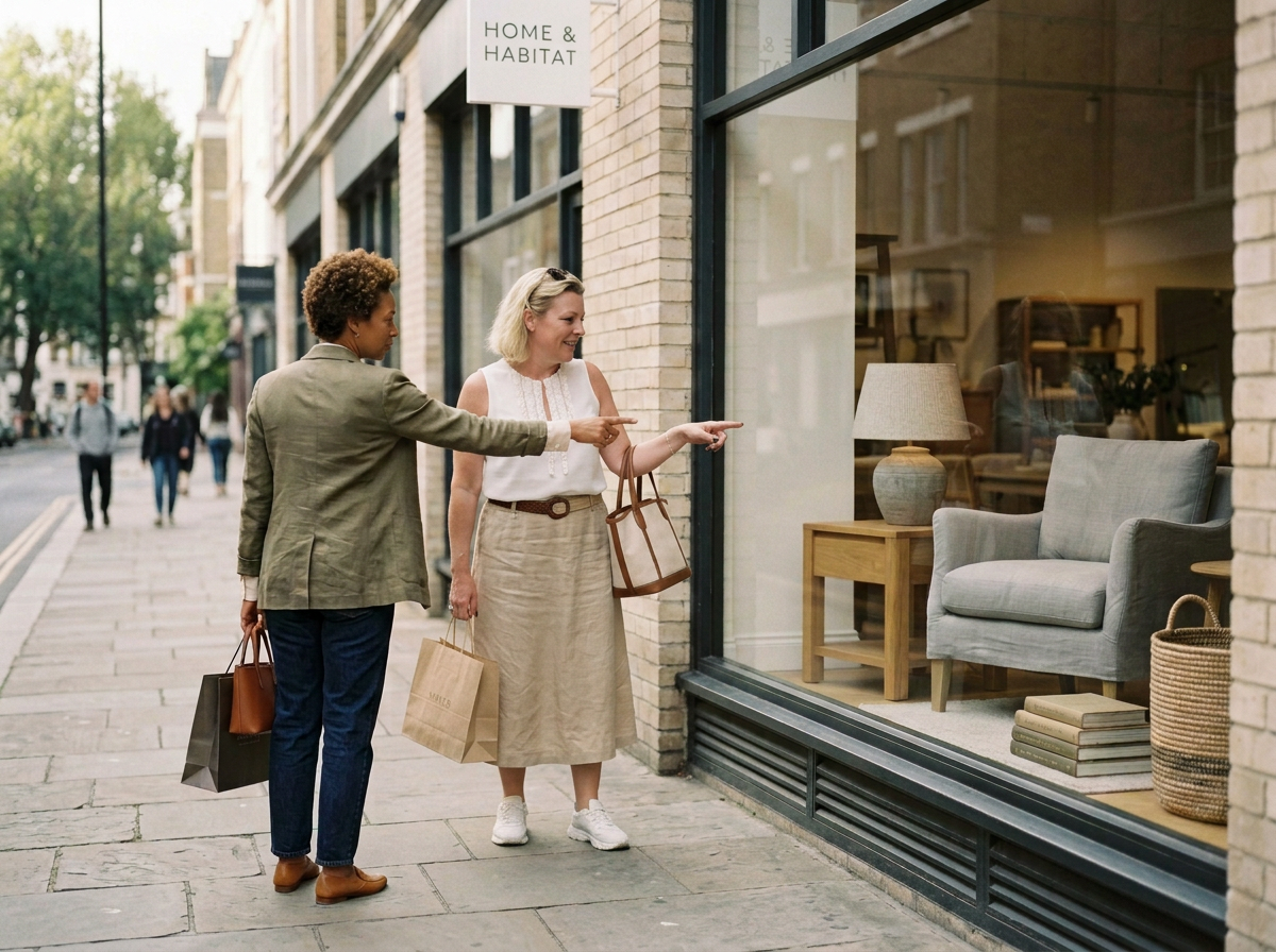 Two women shopping on a city sidewalk, looking into a home decor store window, with one woman pointing at an item inside.