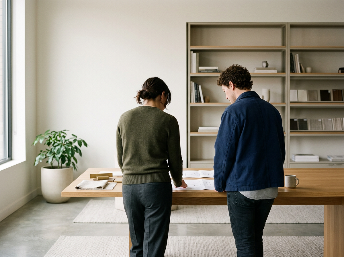 Two people, a woman and a man, are standing at a wooden table looking at papers or plans. They are in a room with a bookshelf and a large window, with a potted plant nearby.