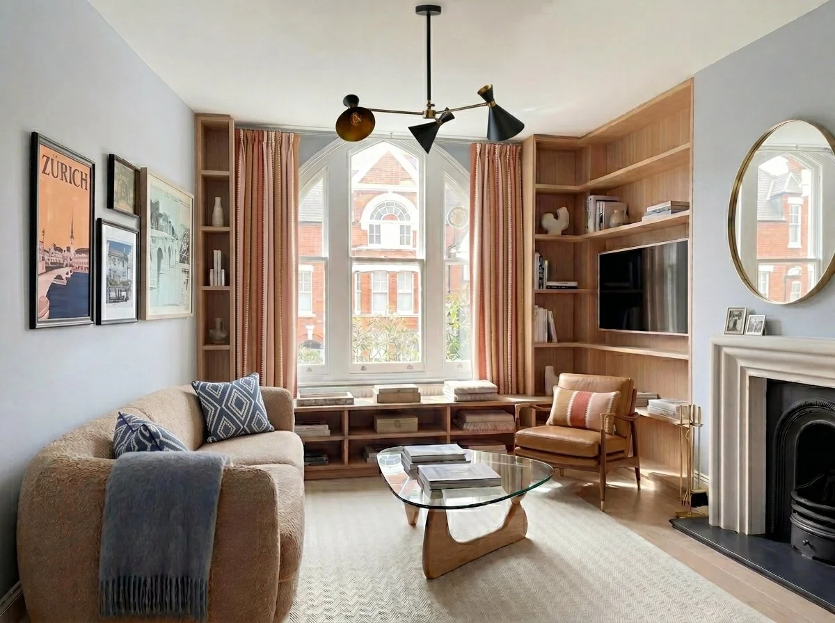 A living room with a large window, beige sofa with patterned cushions, a glass coffee table, a leather armchair with a striped cushion, wooden built-in shelves with decor, books, a TV, and a fireplace, all with natural light and a modern chandelier hanging from the ceiling.