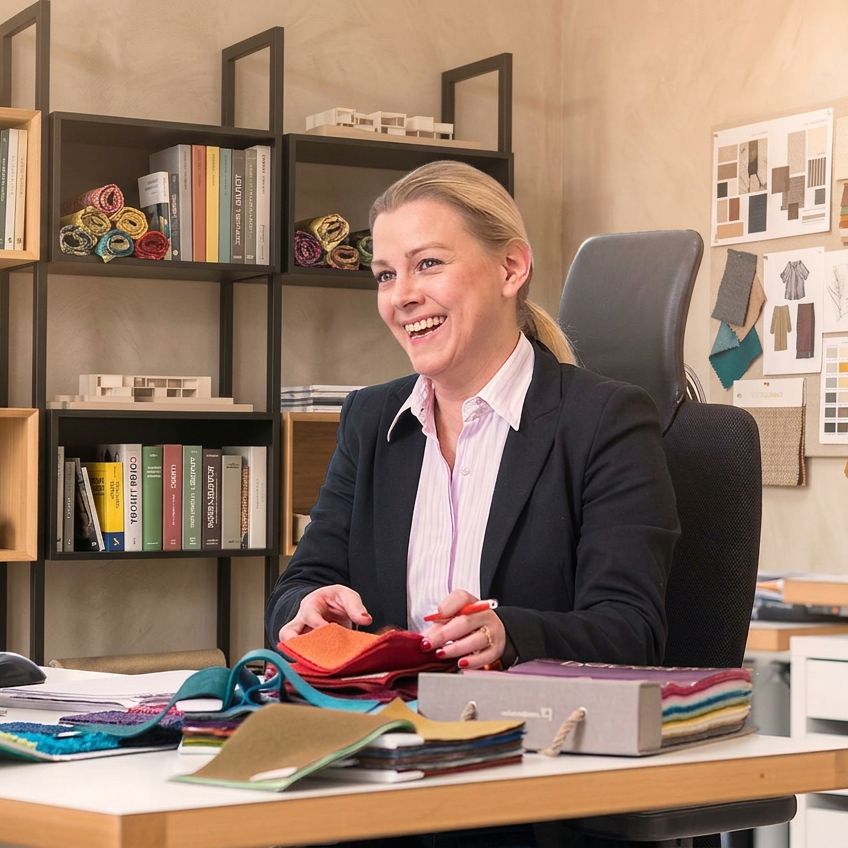 A woman sitting at a desk in an office or design studio, smiling, with fabric samples and color swatches in front of her, and shelves with books and rolled fabric samples behind her.