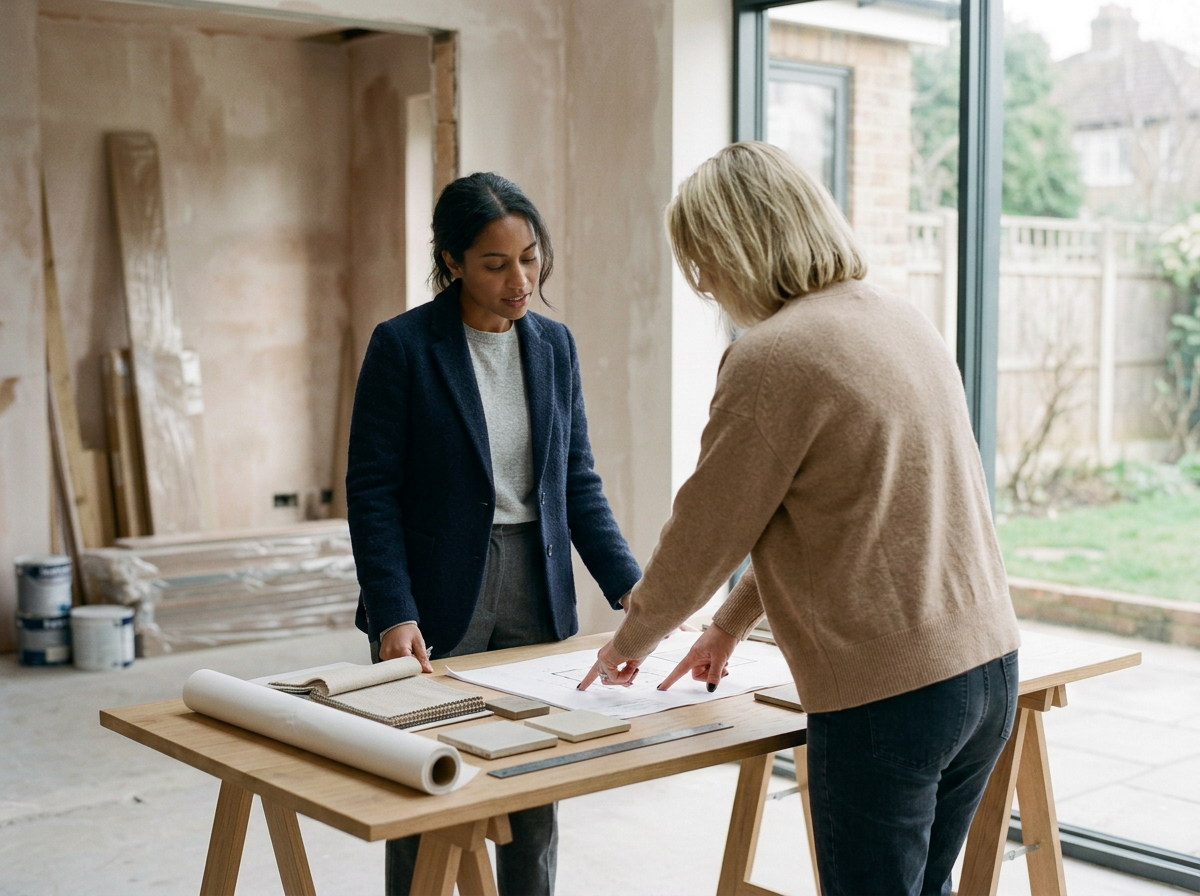 Two women discussing design plans at a table in a house under renovation, with building materials and tools on the table and a large window showing a backyard.