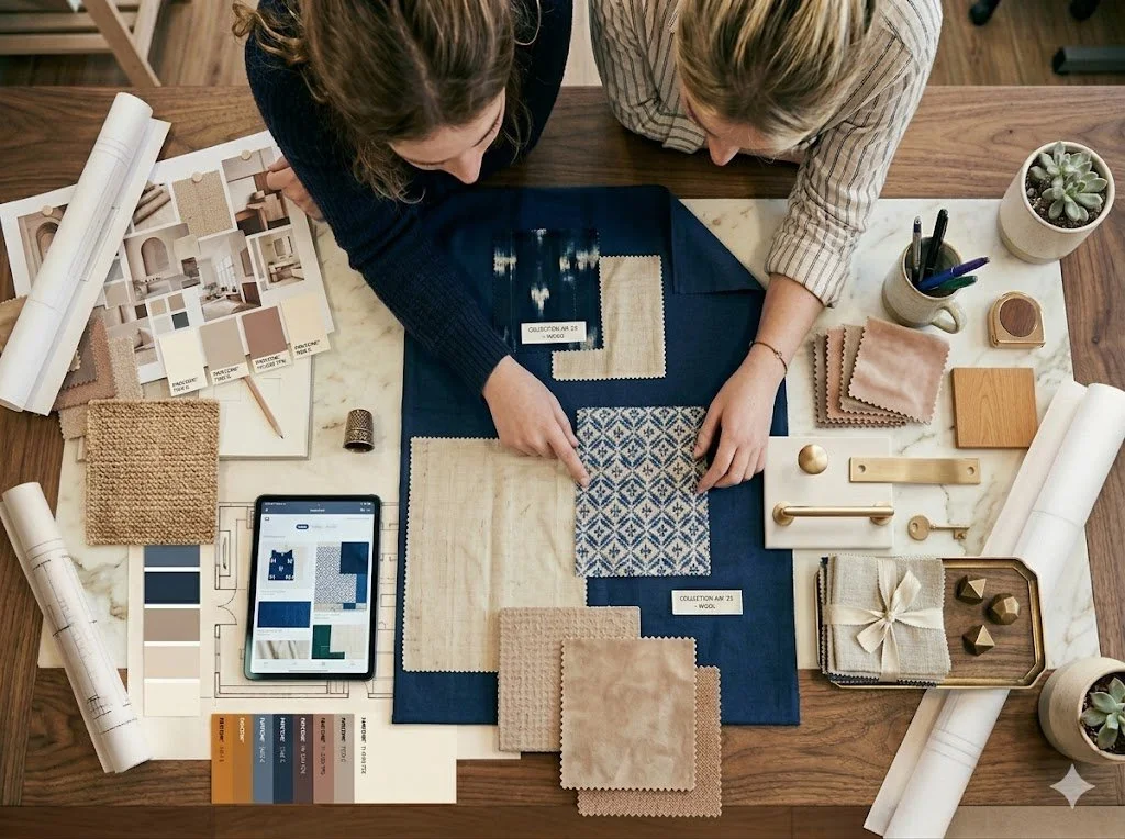 Top-down view of two people selecting fabric swatches on a table surrounded by design materials, color palettes, and decor samples.