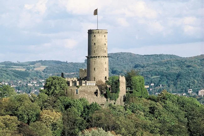 A historic stone castle with a tall round tower and flag, surrounded by green trees and hills.
