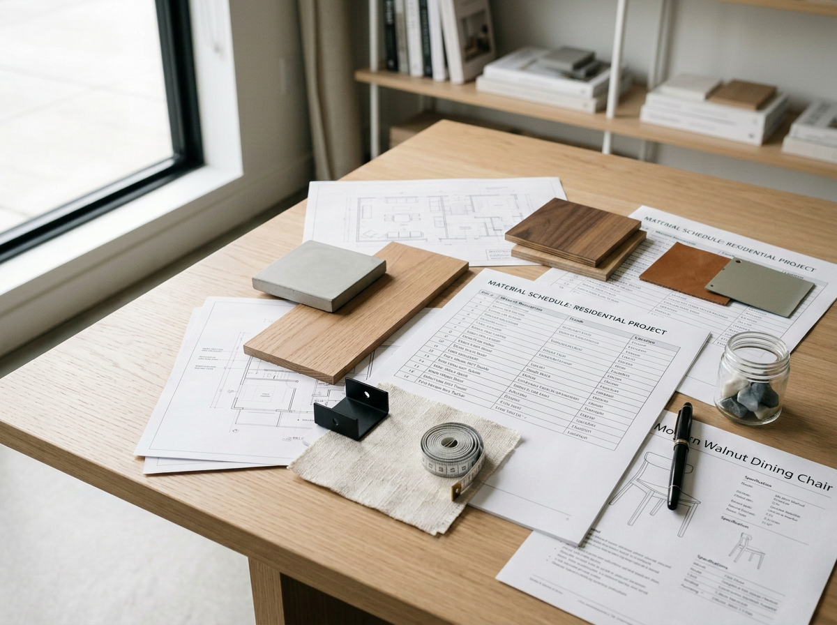 Interior design or architecture workspace with wood, fabric, and tile samples, blueprints, material schedules, a pen, a tape measure, and a glass jar with stones on a wooden table near a window.
