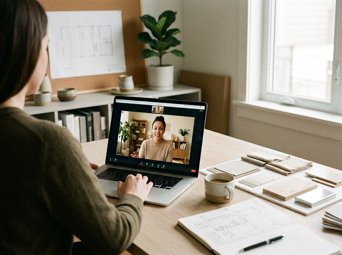 Person on video call with woman in beige sweater, sitting at a wooden desk with architectural plans, notebooks, and a coffee cup in a well-lit room.