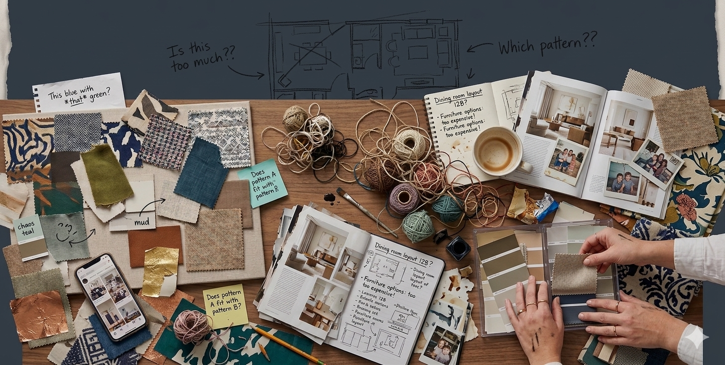 A cluttered workspace with fabric swatches, yarn balls, knitting needles, books, sketches, and notes related to interior design and fabric patterns on a wooden table.