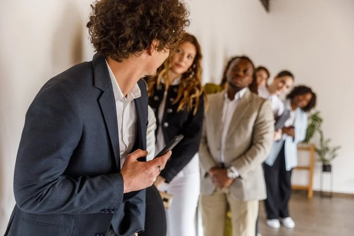 A man in a navy suit looking at his phone, with a line of diverse women and men waiting in the background.