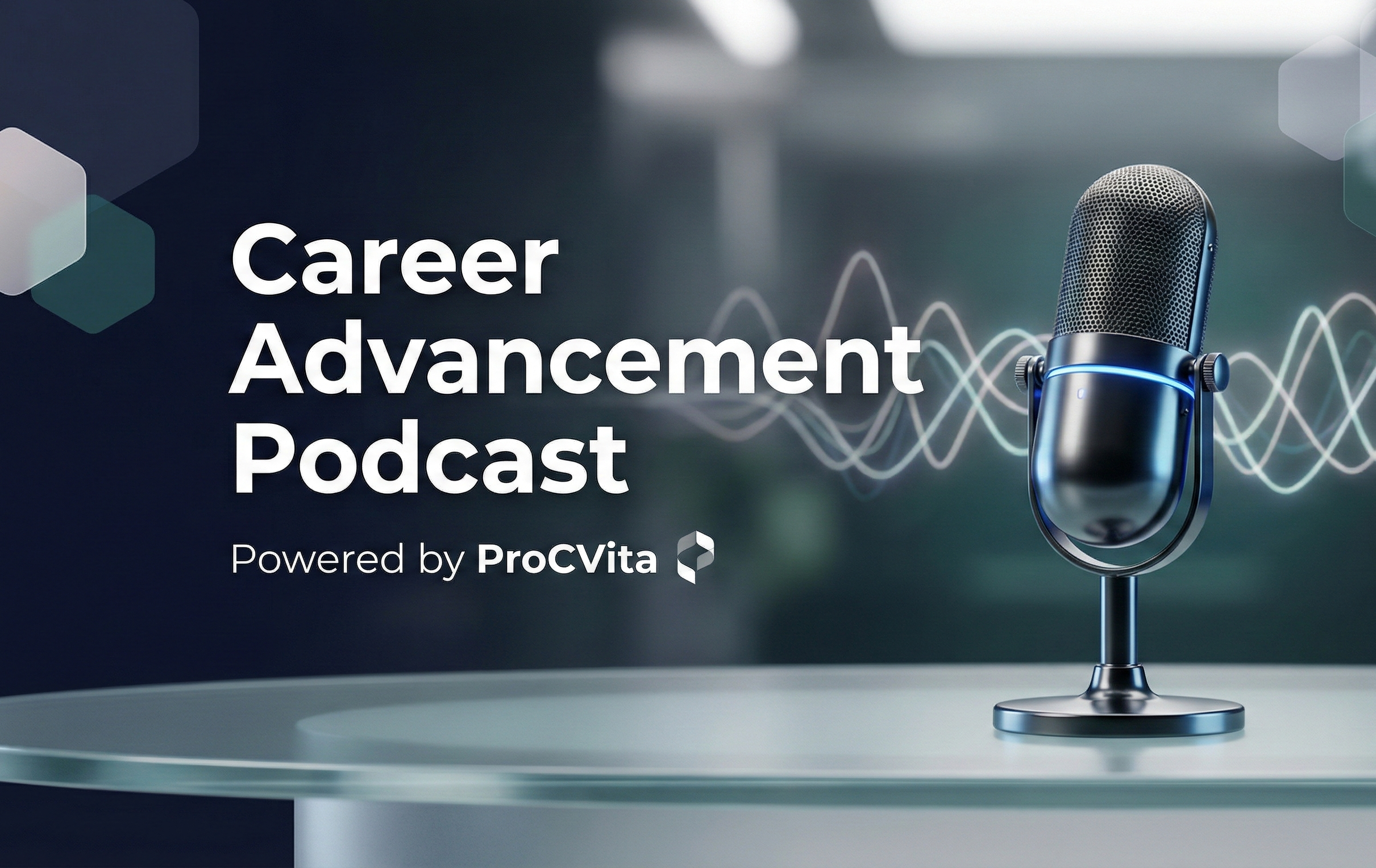 "Career Advancement Podcast," with a microphone on a stand in the foreground and a digital waveform background, powered by ProCvita.