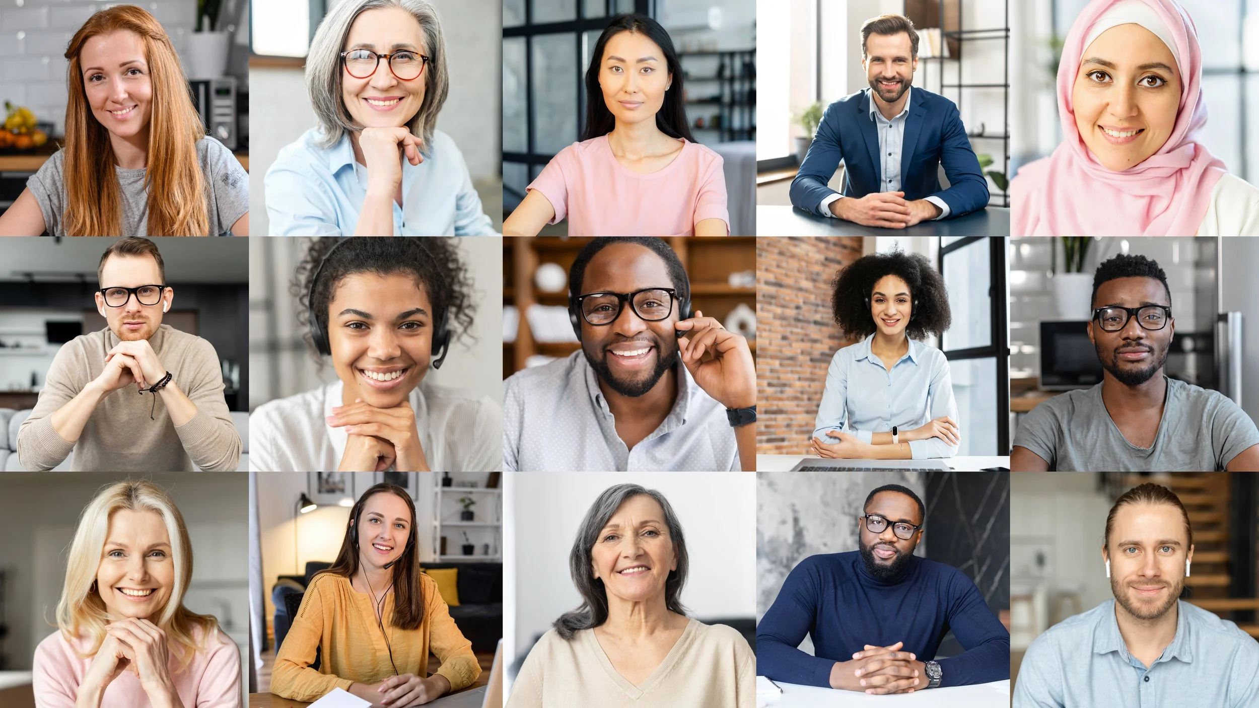 Collage of diverse individuals in various settings, smiling and looking at the camera, representing a diverse group of people in professional or casual environments.