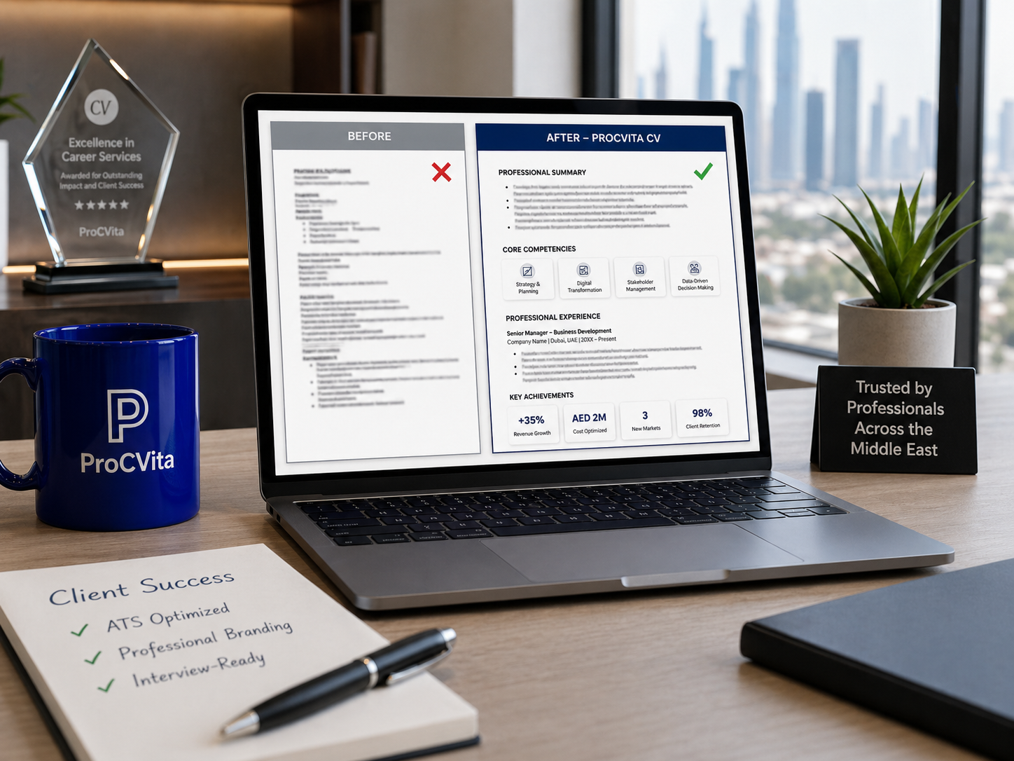 A laptop displaying a professional CV resume with before and after versions, on a desk with a blue ProCVita mug, a notebook labeled Client Success, a pen, a small potted plant, and an award plaque reading "Excellence in Career Services". The background shows a city skyline visible through large windows.