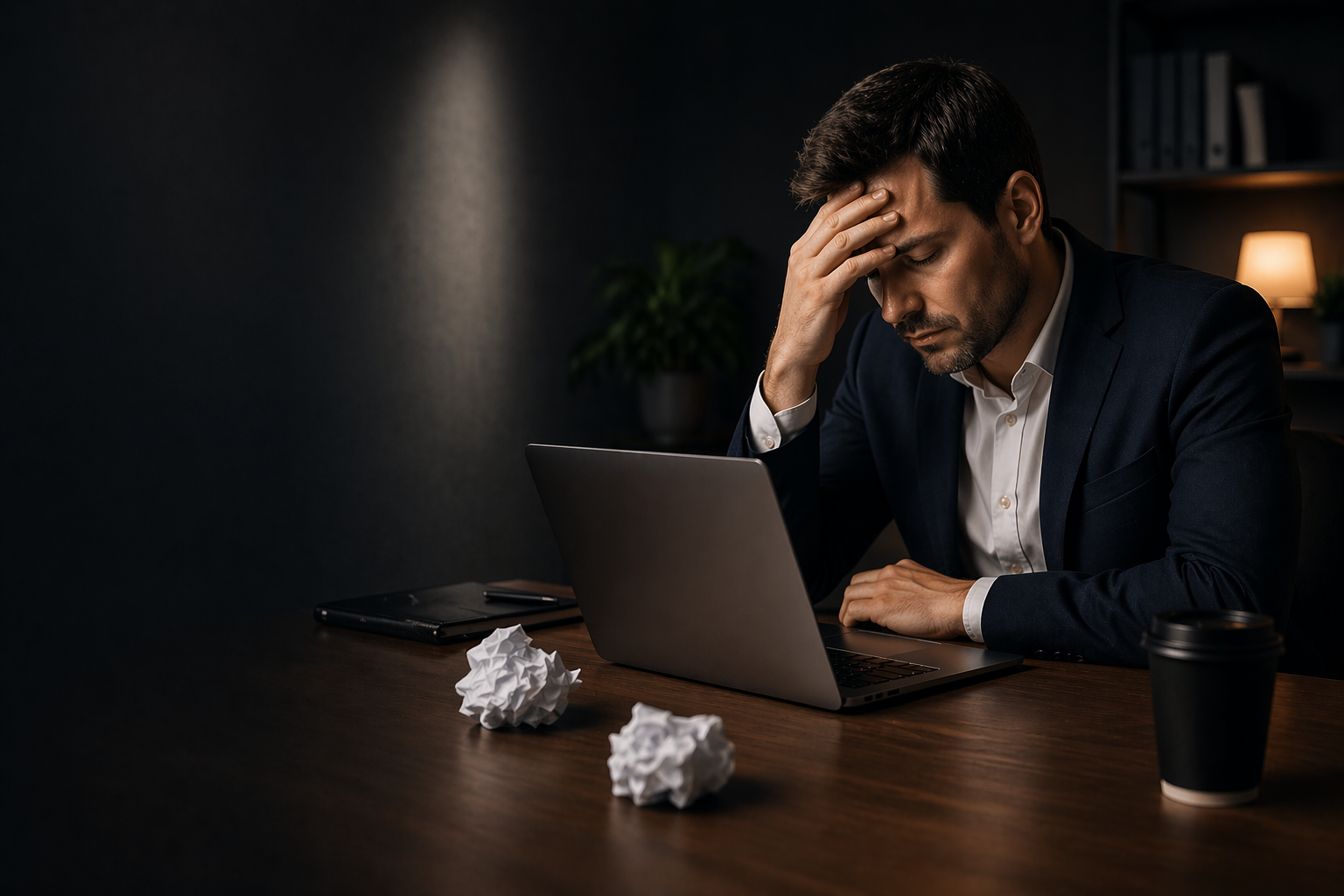 Disappointed man in business attire sitting at desk with crumpled paper balls, a laptop, a coffee cup, and a notepad, in a dimly lit office.