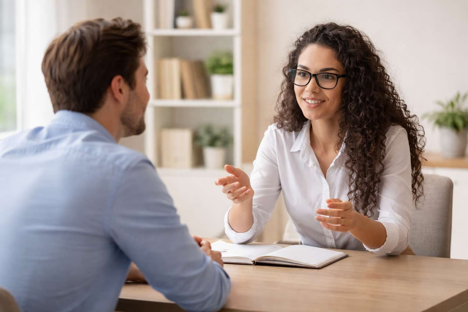 Two people engaged in a conversation at a wooden table in a bright room, with shelves and potted plants in the background.