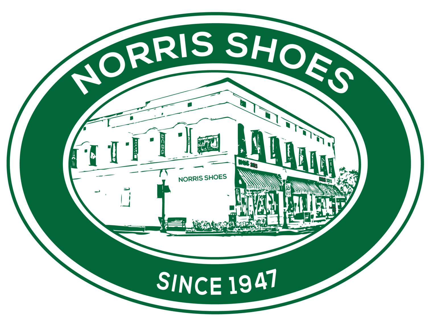 Norris Shoes logo featuring a black and green design with an illustration of a building and trees, with text indicating the store has been established since 1947.
