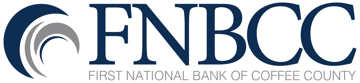Logo of First National Bank of Coffee County (FNBCC), featuring stylized coffee cup swirls and text in dark blue and gray.
