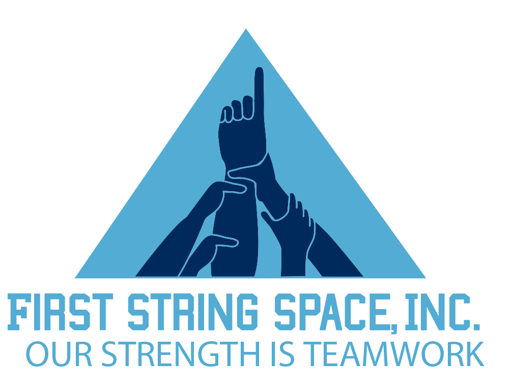 Logo of First String Space Inc., featuring a blue triangle with multiple hands reaching up, and text that says 'First String Space Inc.' and 'Our Strength Is Teamwork'.