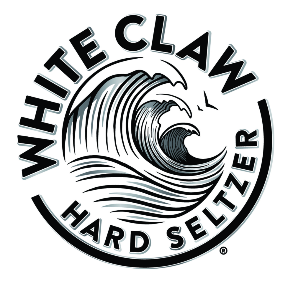 A circular logo with a stylized black and white wave and seagulls. Surrounding the wave are the words "WHITE CLAW" at the top and "HARD SELTZER" at the bottom.