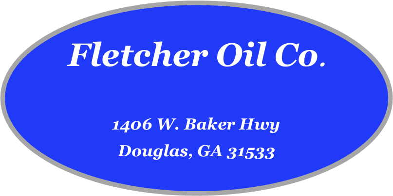 Blue oval sign with gray border displaying the text 'Fletcher Oil Co.', address 1406 W. Baker Hwy, Douglas, GA 31533.