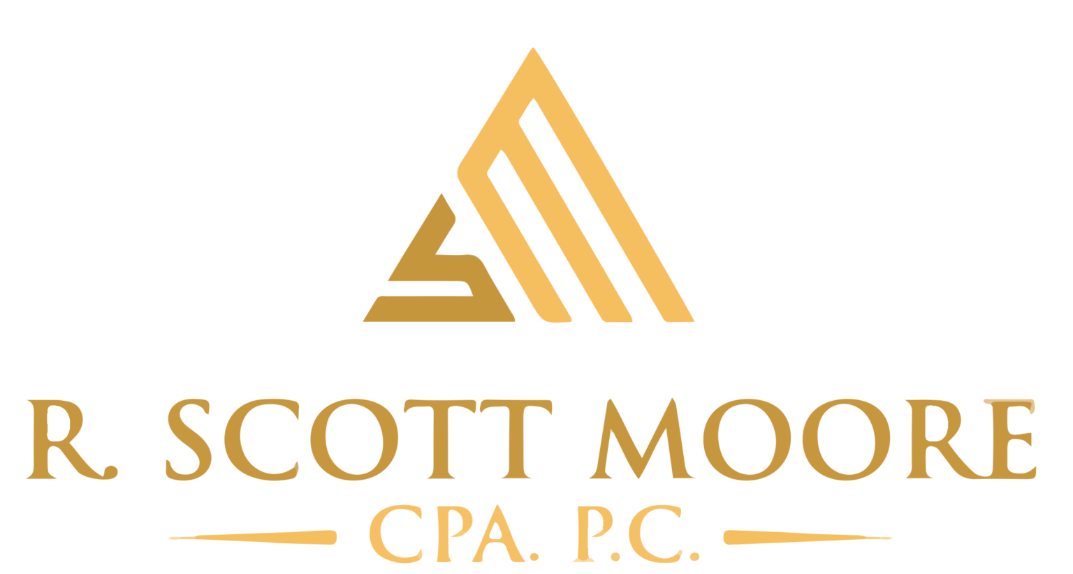 Logo for R. Scott Moore CPA P.C., featuring a stylized mountain or pyramid icon in gold with the company name in gold text underneath.