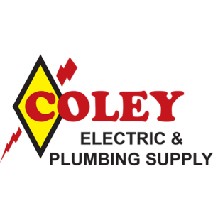 Logo for Coley Electric & Plumbing Supply featuring a yellow diamond shape with a red letter 'C' and a lightning bolt, with the company name in red and black text.