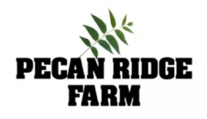 Logo of Pecan Ridge Farm with a green pecan leaf graphic above the text.