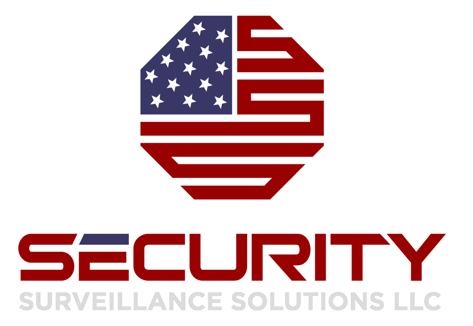 A logo with a stylized American flag in a hexagon shape above the word "SECURITY" in bold red letters, and beneath it, the company name "SURVEILLANCE SOLUTIONS LLC" in light gray text.