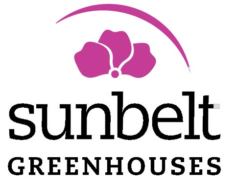Sunbelt Greenhouses logo with pink flower and curved line above the text.