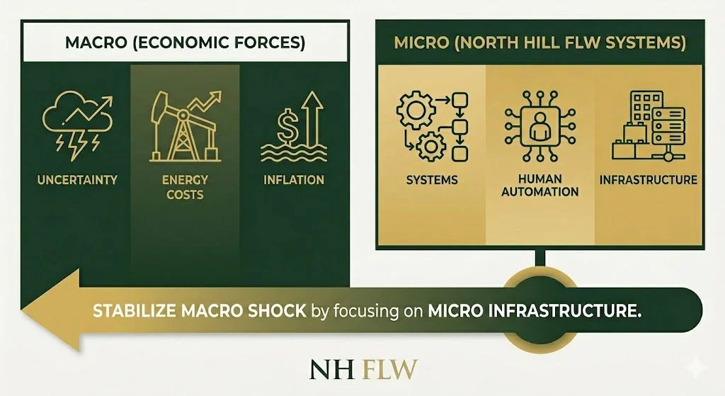professional infographic using Dark Hunter Green and New Gold. On the left (Macro), icons represent Uncertainty, Energy Costs, and Inflation. On the right (Micro), icons represent Systems, Human Automation, and Infrastructure.