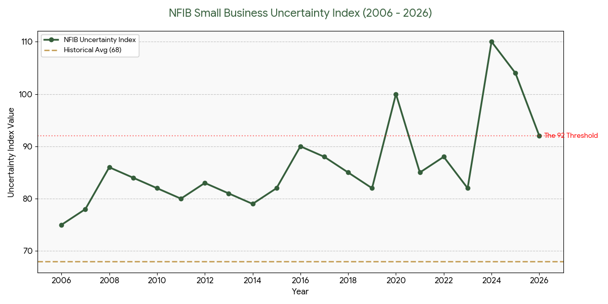 A minimalist line chart featuring a solid Dark Hunter Green line tracking the NFIB Uncertainty Index spike to 92, contrasted against a New Gold dashed horizontal line representing the 52-year average of 68. The aesthetic is professional and clean.