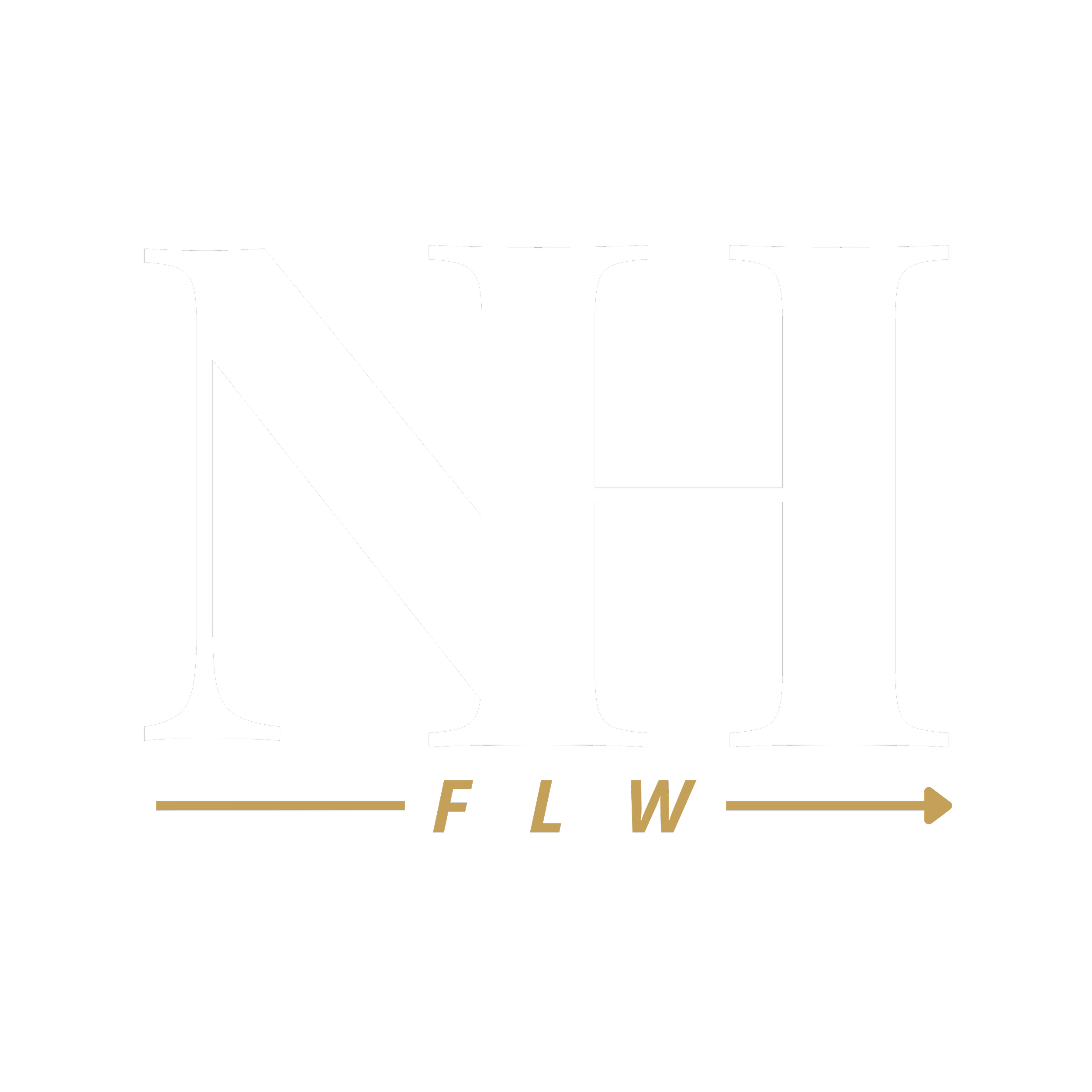 Transparent background with large white letters 'N' and 'H' and smaller gold letters 'FLW' beneath, with a gold horizontal line and arrow pointing to the right.