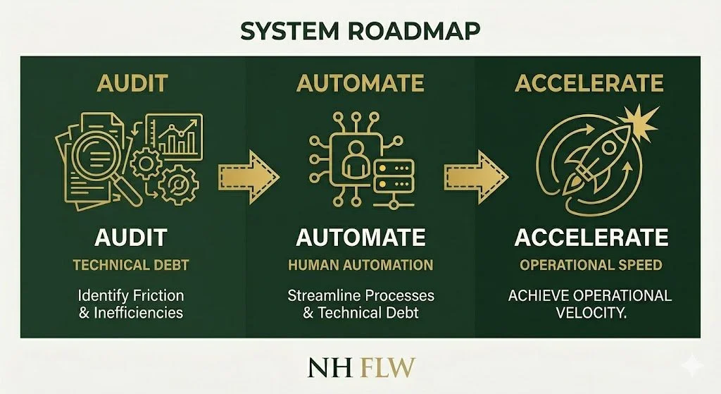 A minimalist horizontal flow chart (Audit → Automate → Accelerate). The icons are New Gold set against a Dark Hunter Green background, showing the path from identifying technical debt to achieving operational speed.