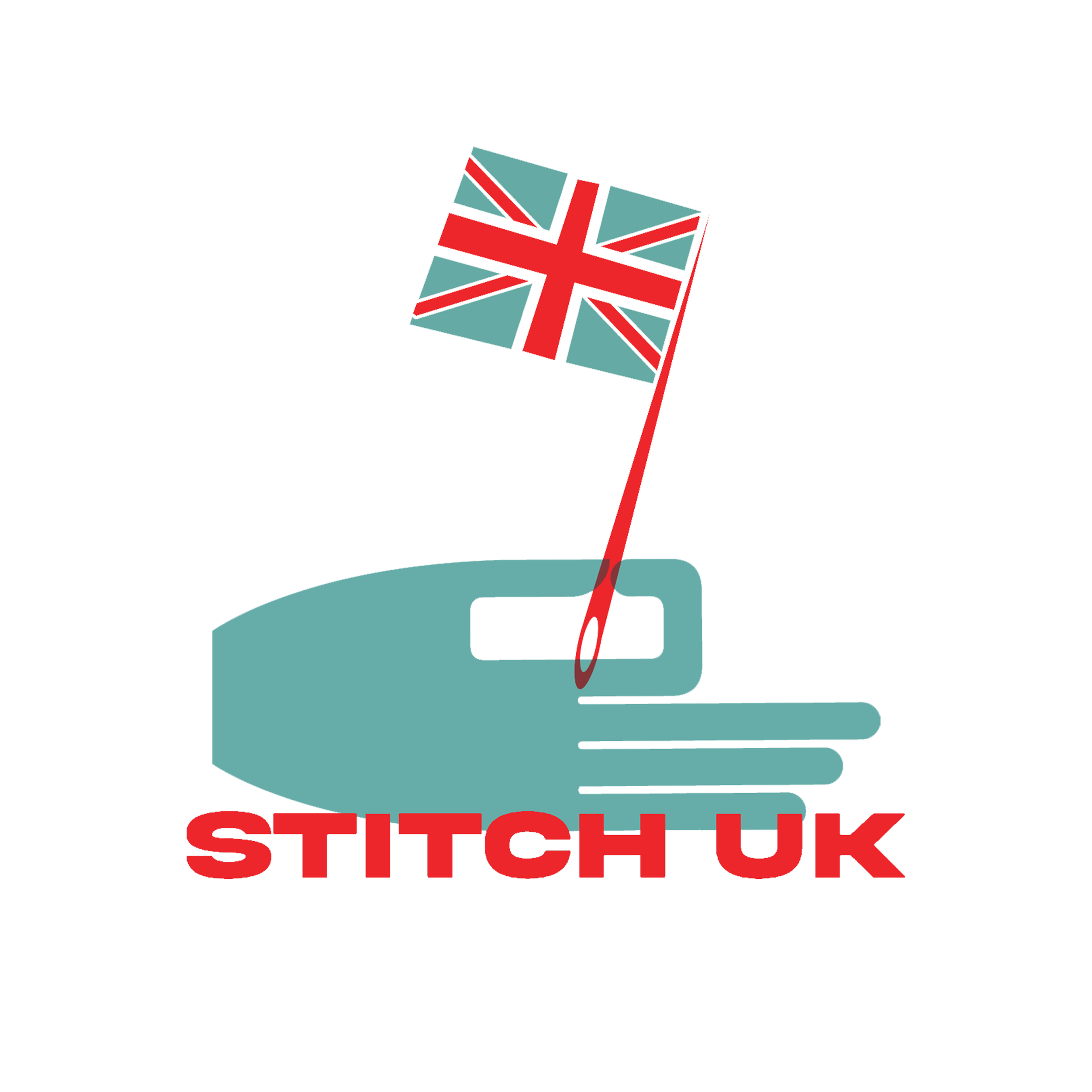 A logo with a stylized illustration of the UK flag on a flagpole, with the words 'STITCH UK' in bold red letters underneath.