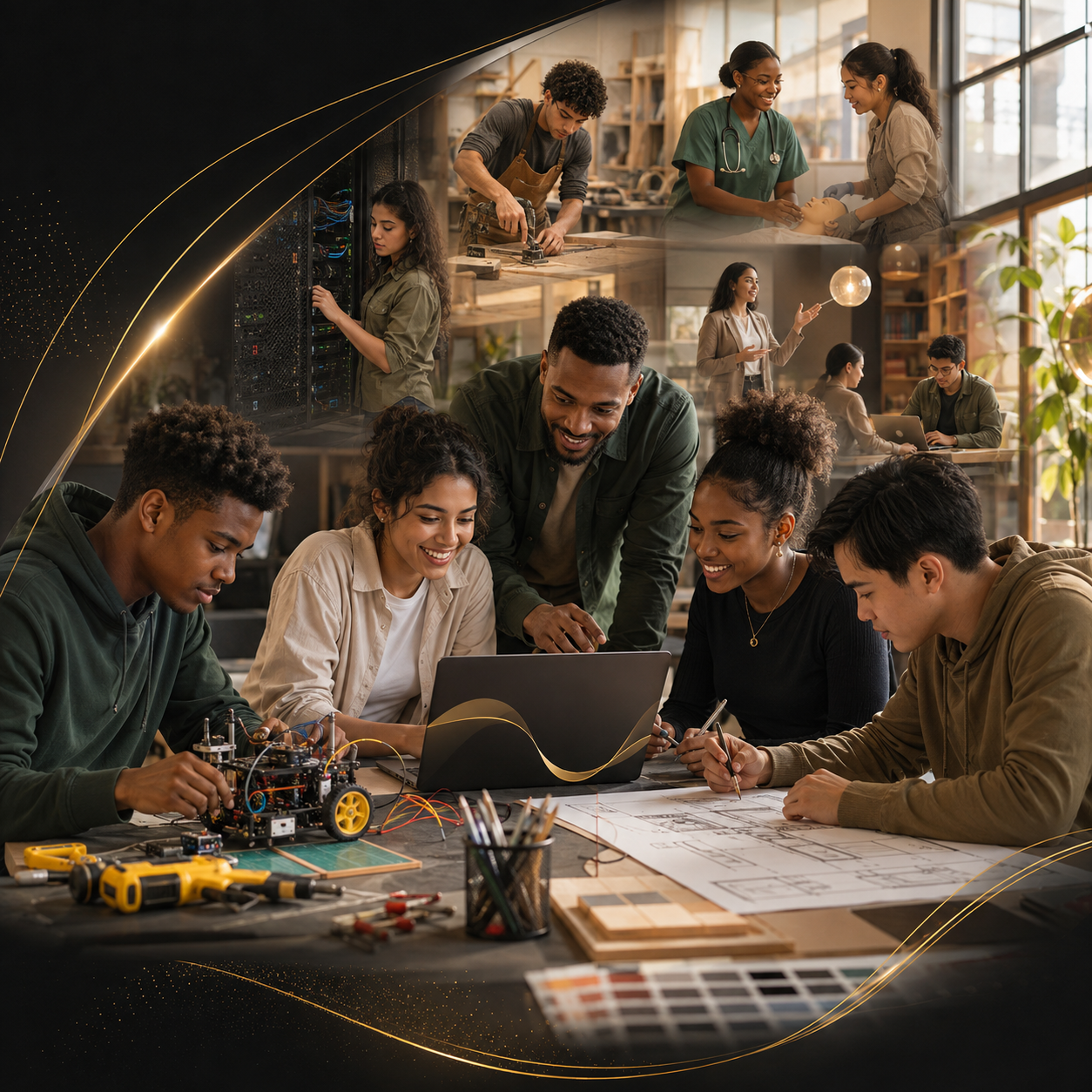 Group of diverse young adults collaborating on a robotics project at a workshop table with tools and a robot.