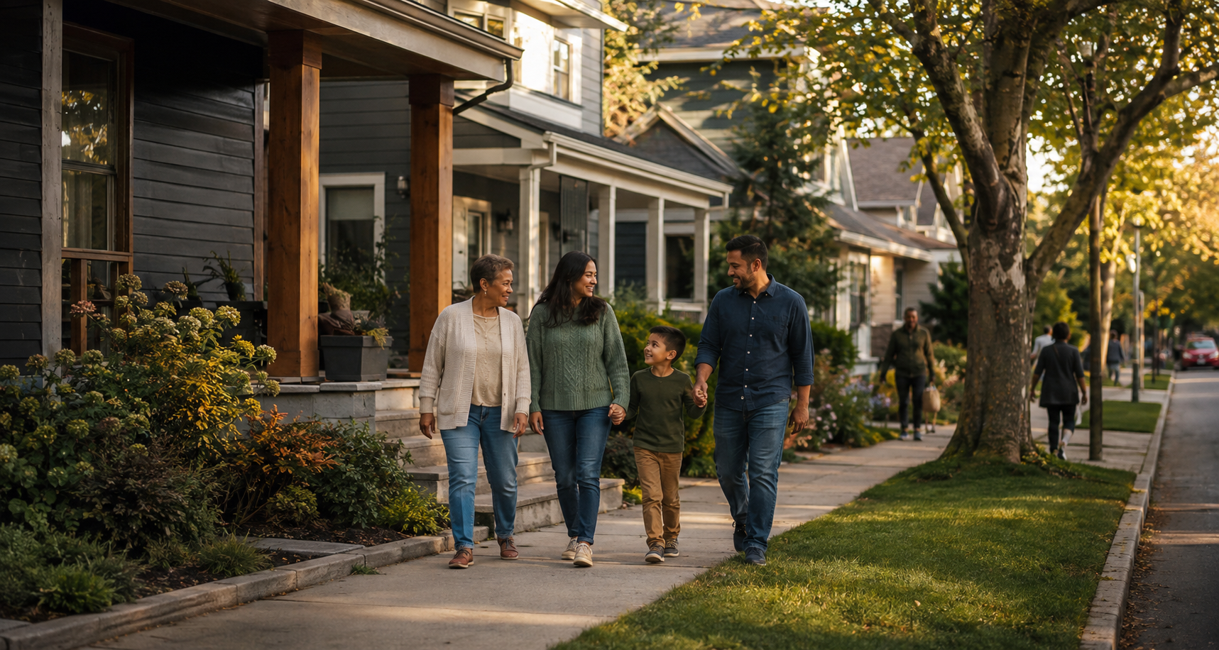 A family of four, two adults and a child, walking and smiling on a residential sidewalk in the late afternoon or early evening. Houses with porches and well-maintained gardens line the street, with trees and people in the background.