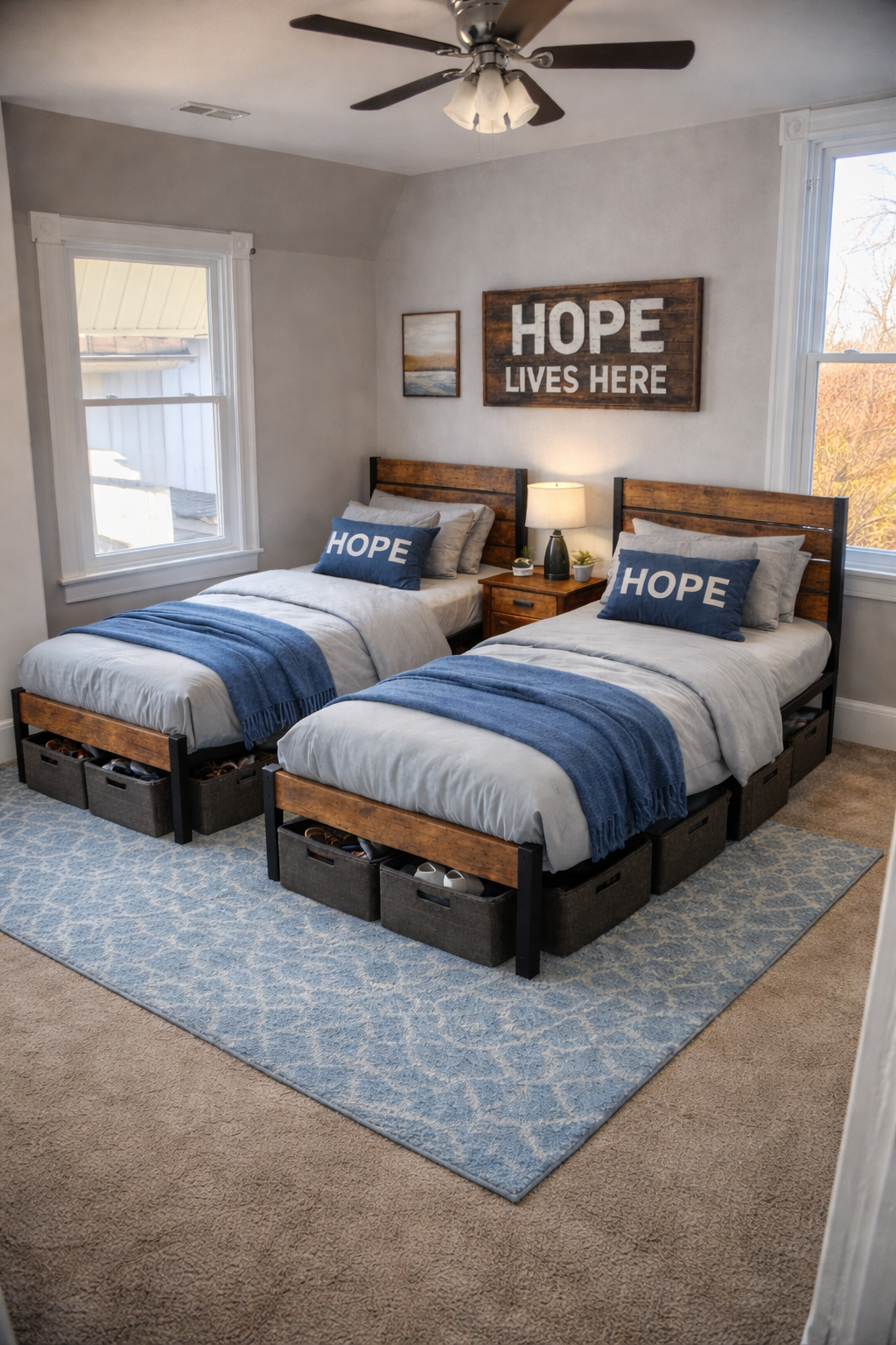 A bedroom with two twin beds, each with blue blankets and pillows labeled "HOPE." There is a wooden nightstand with a lamp and small potted plants between the beds. The wall above features a large sign that says "HOPE LIVES HERE." The room has large windows, beige carpet, and a light blue patterned rug.