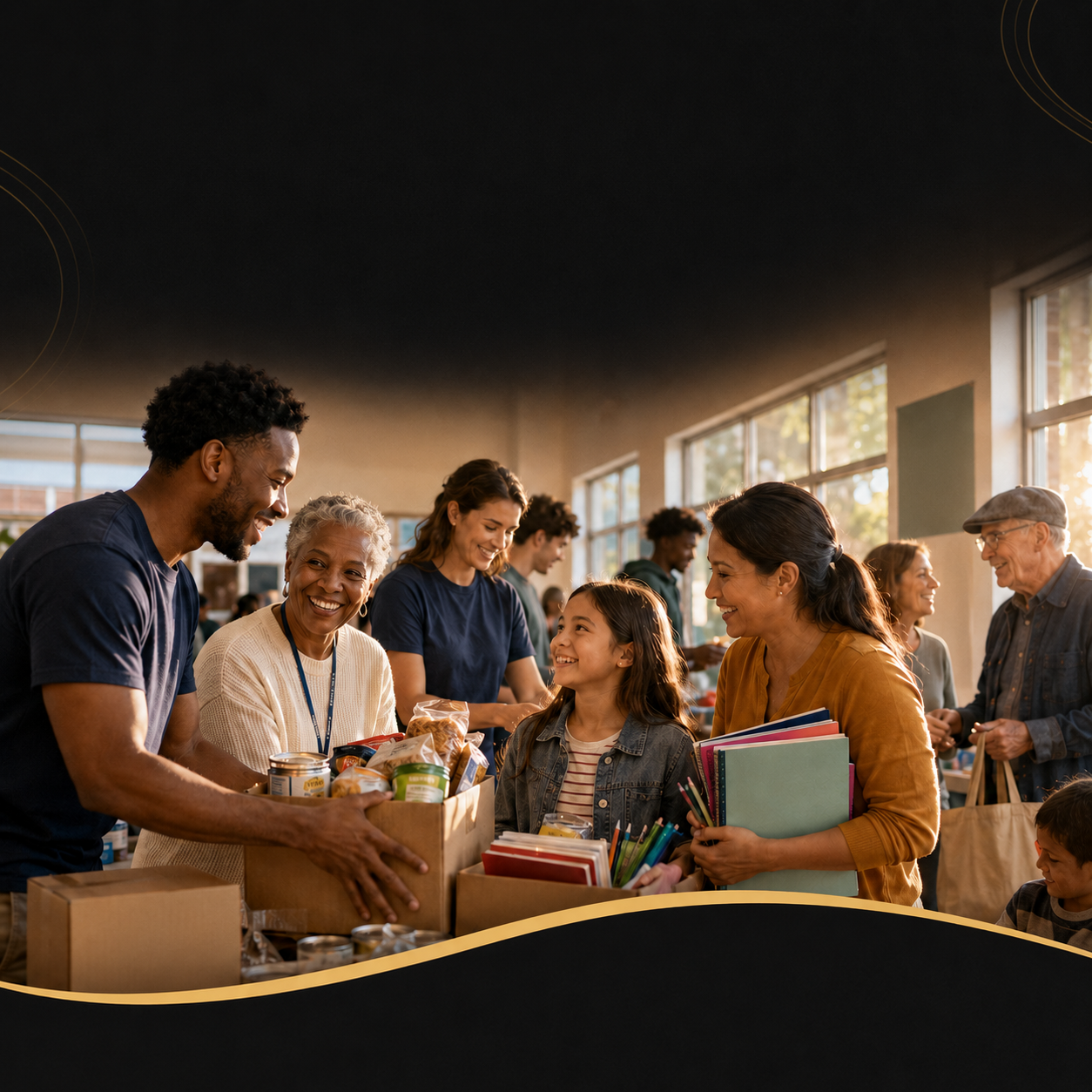 People volunteering at a food bank, smiling and stacking canned goods and supplies.