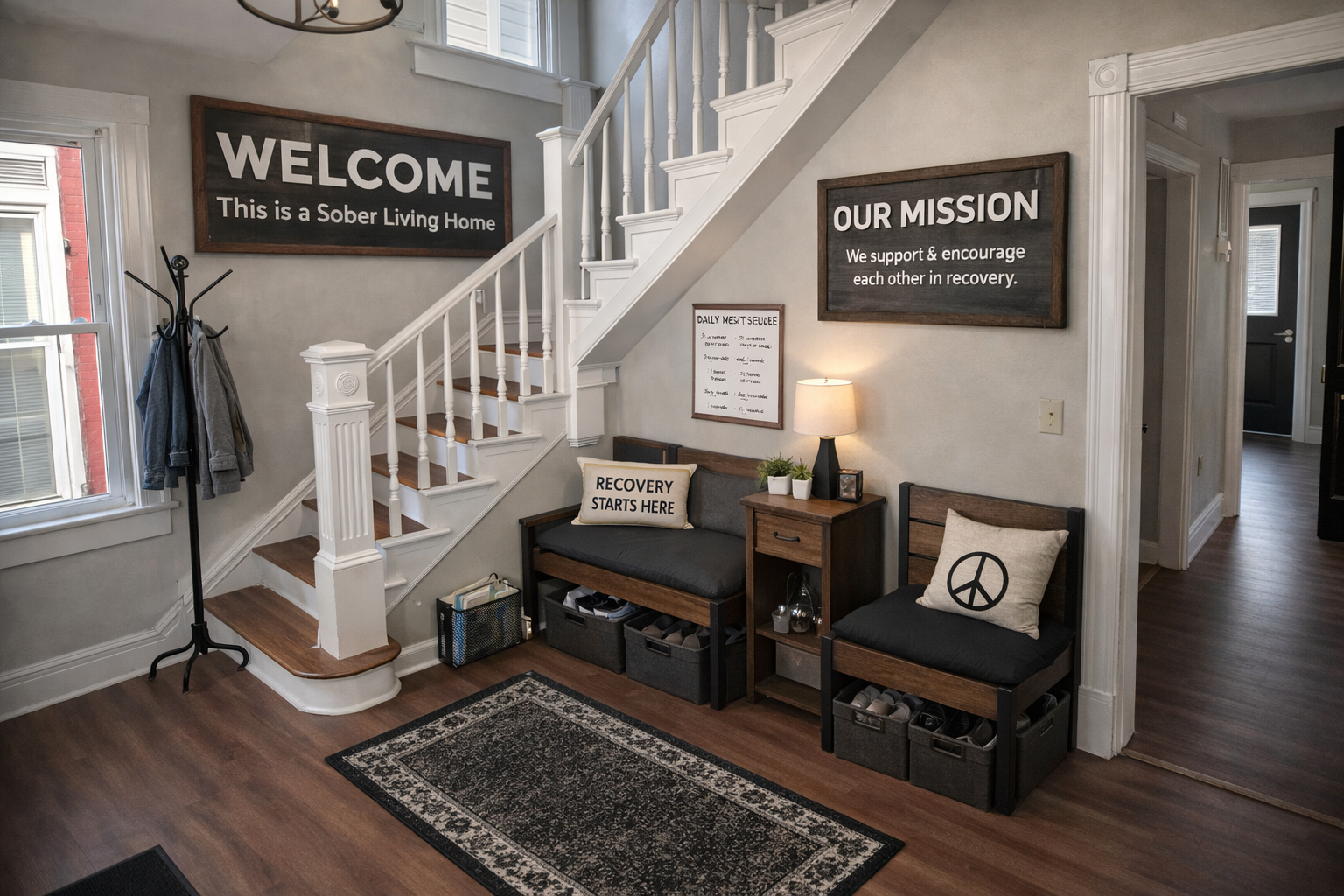 Entryway with a staircase, coat rack, and seating area decorated with inspirational posters and plants, indicating a sober living home.
