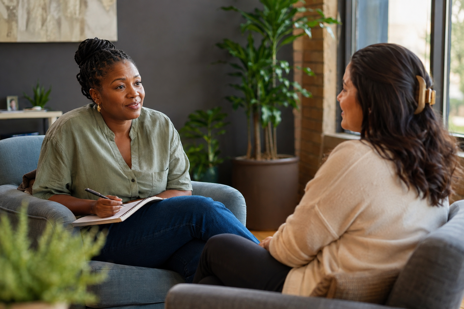 Two women having a conversation in a cozy room with plants and a window, one woman taking notes.