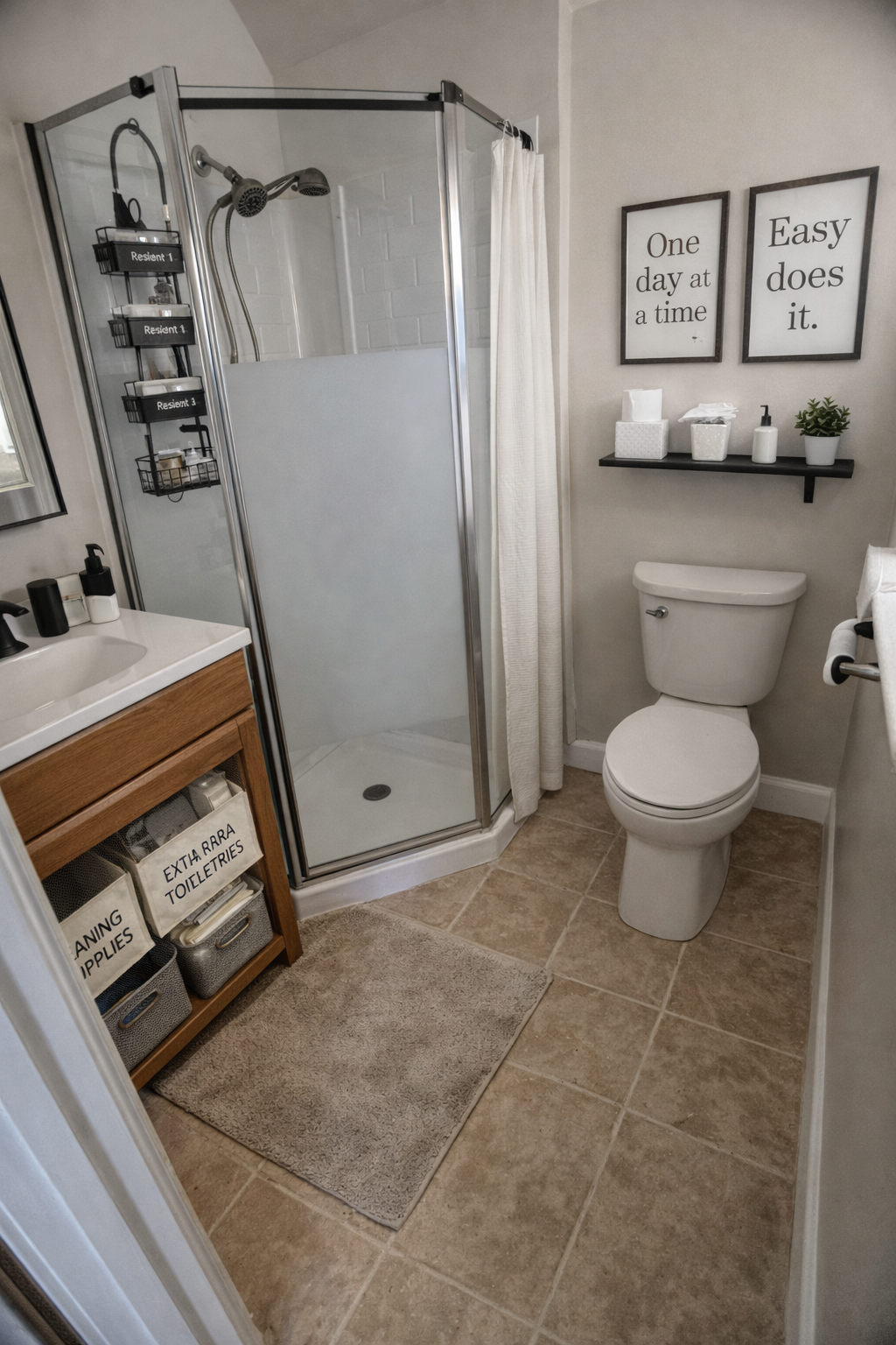 A small bathroom with a corner shower stall, a wooden vanity with a sink, a toilet, and bathroom decor including framed wall art and a shelf with toiletries and a potted plant.