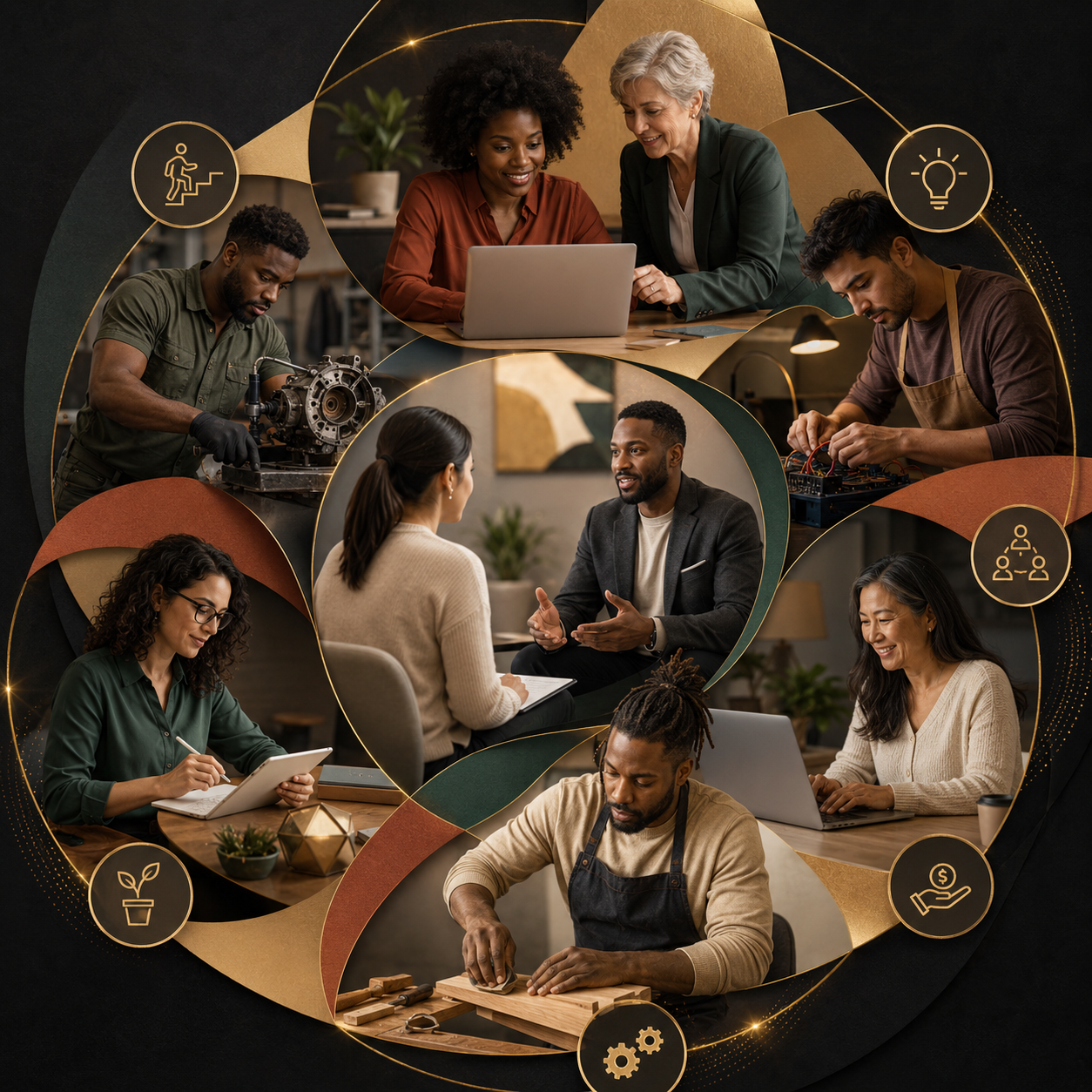 Collage of diverse professionals engaged in various activities such as working on computers, discussing ideas, manufacturing, and crafting, with icons representing innovation, collaboration, sustainability, and growth.