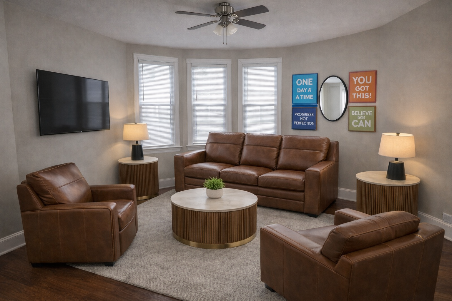 Living room with a brown leather sofa, two matching armchairs, and a round coffee table with a small green plant. There are two table lamps on side tables, a wall-mounted TV, and colorful motivational wall art near the windows.