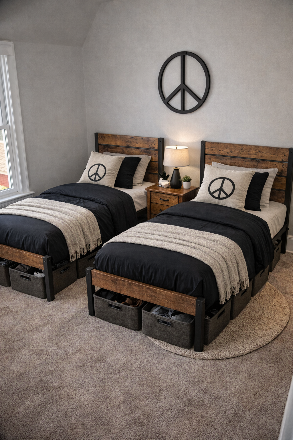 A bedroom with two twin beds featuring wooden headboards, black bedding, and beige pillows with peace symbols. A nightstand with a lamp and small plants is between the beds. A large peace sign wall decoration hangs above. There is a window on the left, and under each bed are storage baskets.