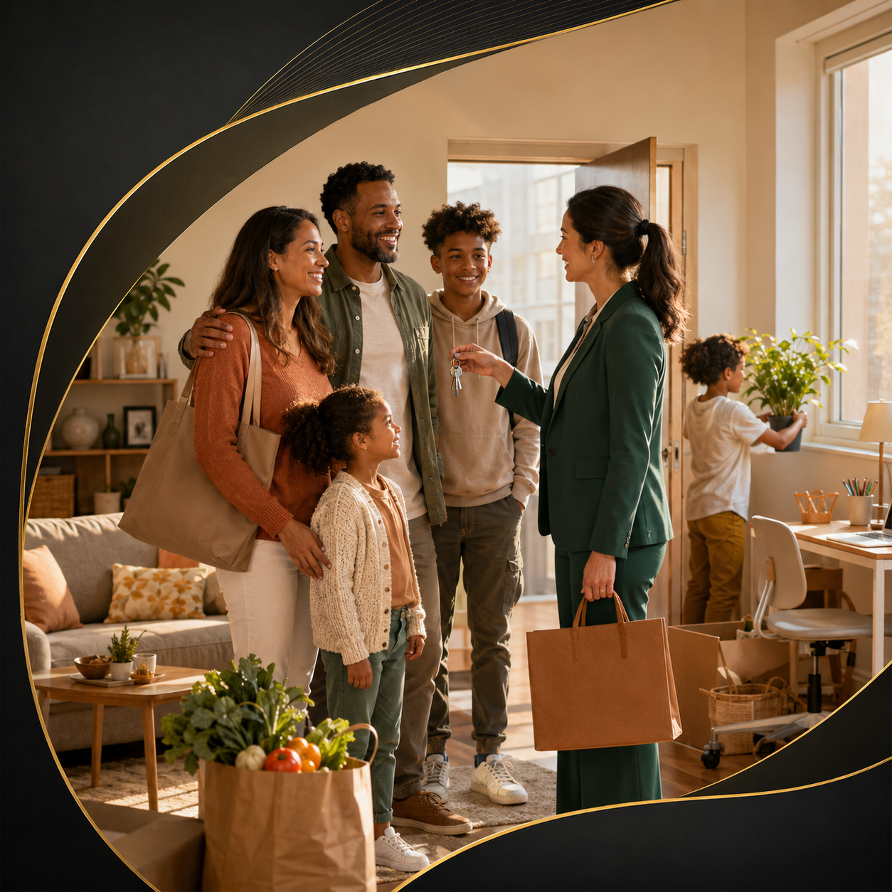 A real estate agent handing keys to a happy family in their new home, with a child watering a plant near a window in the background.