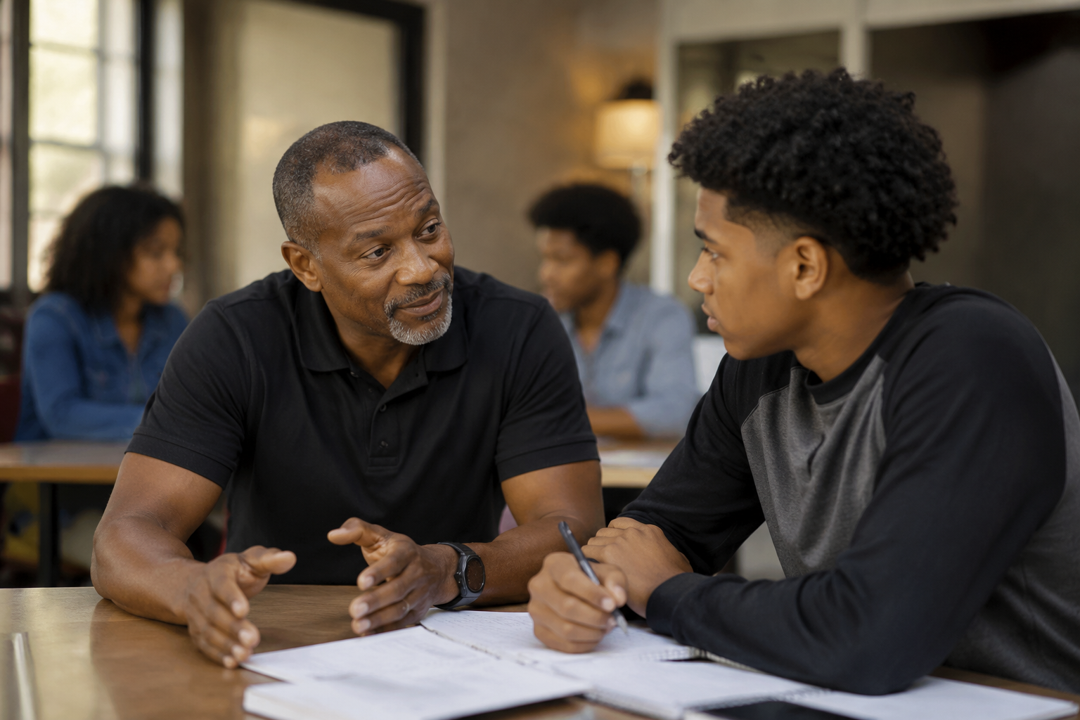 An older man in a black polo shirt and a young man with curly hair and a black and gray long sleeve shirt have a conversation at a desk, with papers and a pen in front of them, in a well-lit indoor setting with other people in the background.