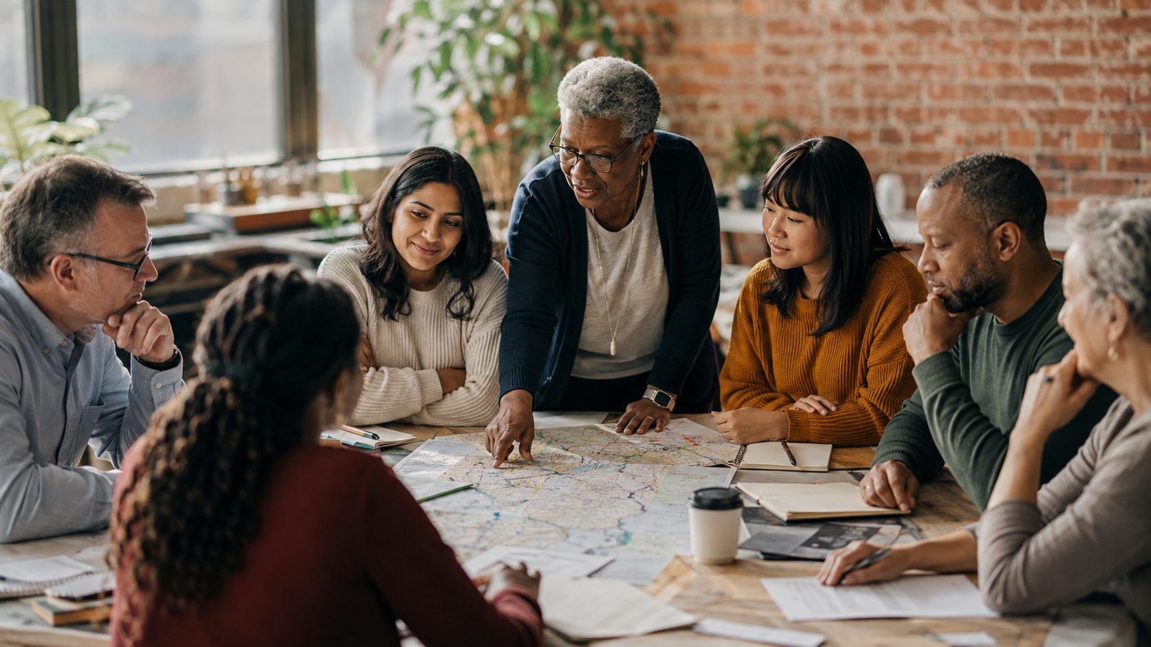 Group of diverse adults having a discussion around a table with a map, in a bright room with brick walls and large windows.