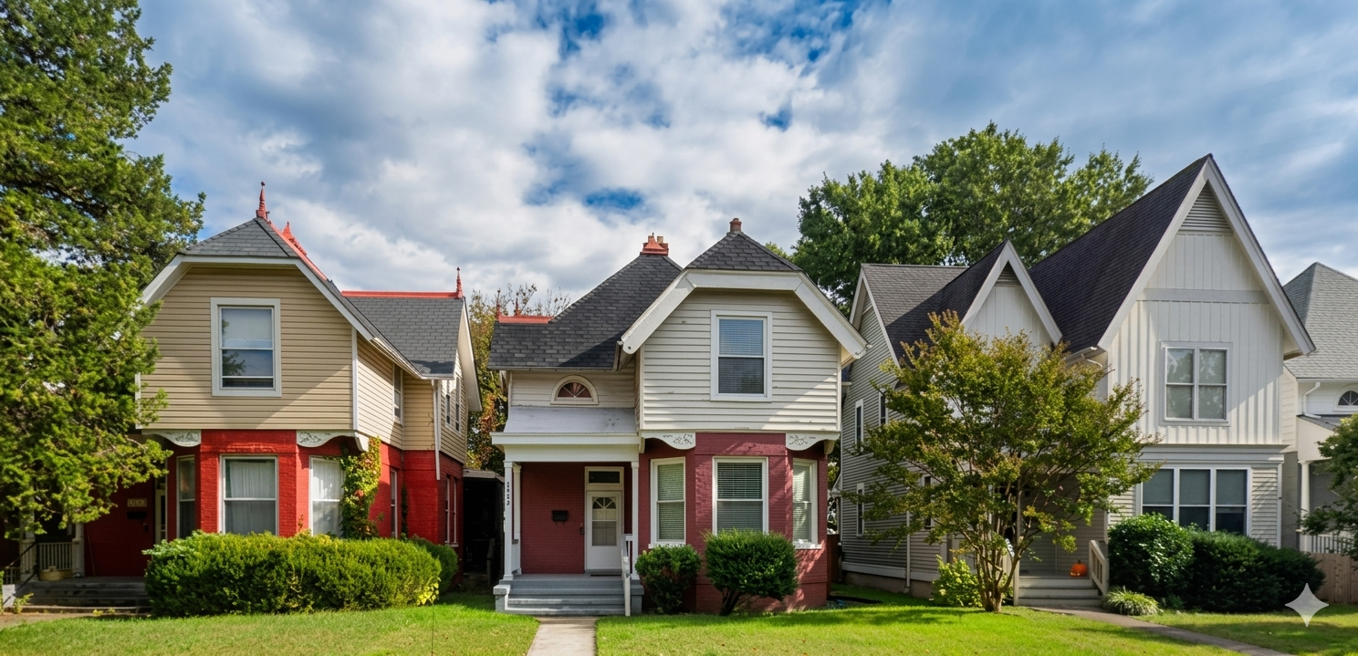Row of three colorful houses with front yards and trees, under a partly cloudy sky.