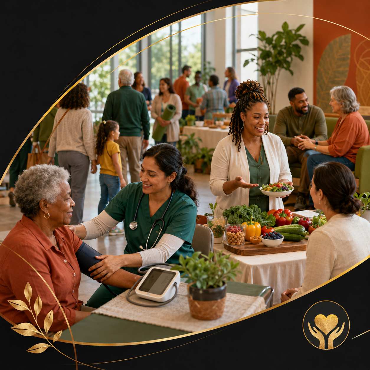 Healthcare professionals and community members gathering at a health fair with health screenings and fresh produce.