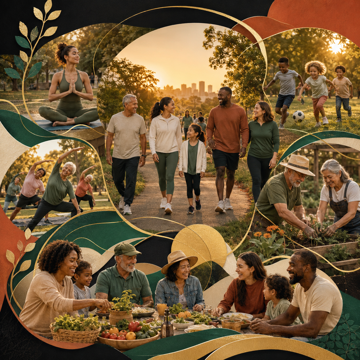 Collage of images showing diverse people enjoying outdoor activities, such as walking, yoga, playing, gardening, and sharing a meal in a park setting