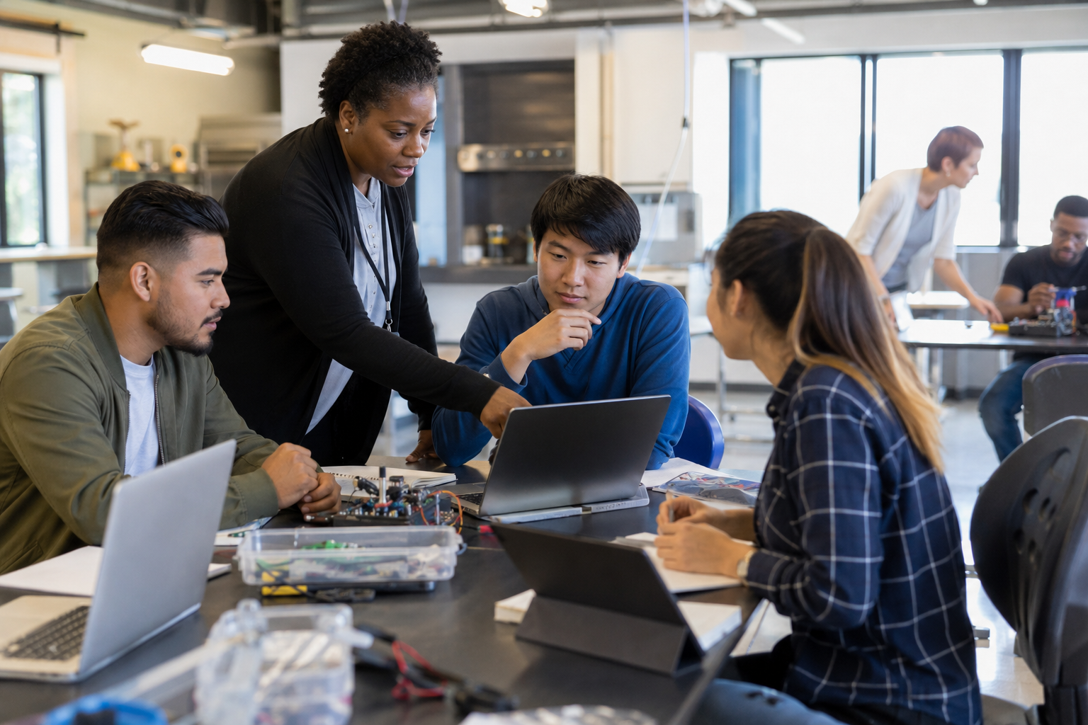 Group of young people working on a project around a table in a modern workspace with laptops and electronic components, with a woman standing and explaining something.